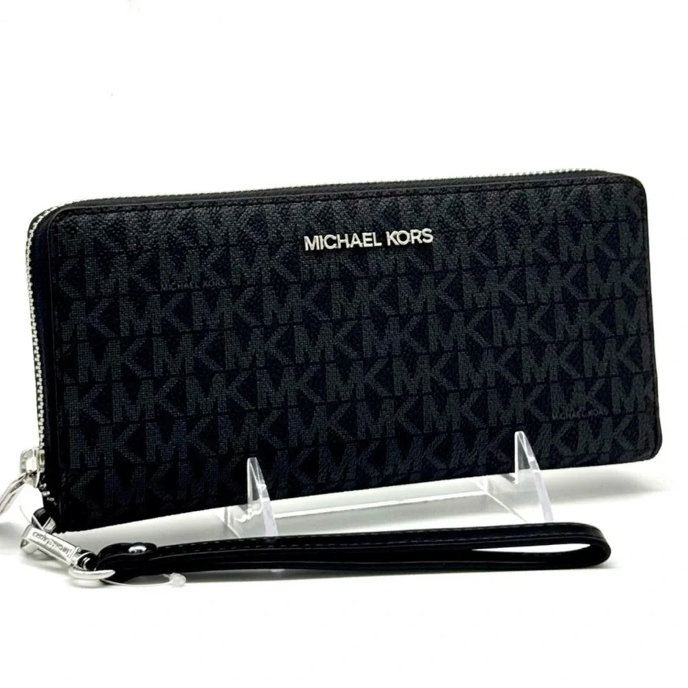 Michael Kors Large Jet Set Travel Signature Continental Wallet Wristlet Black
